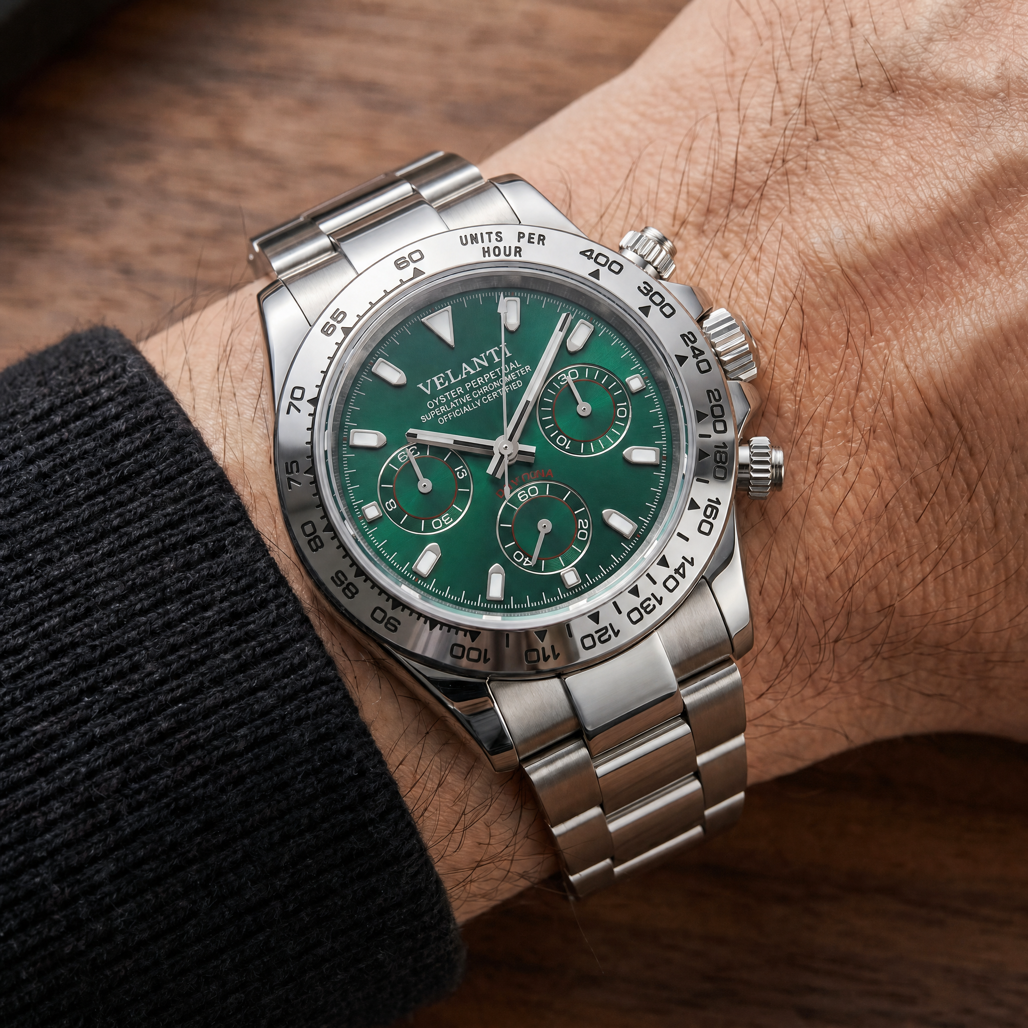 Daytona-style chronograph watch, Velanti Milano Veltona Silver Green worn on wrist