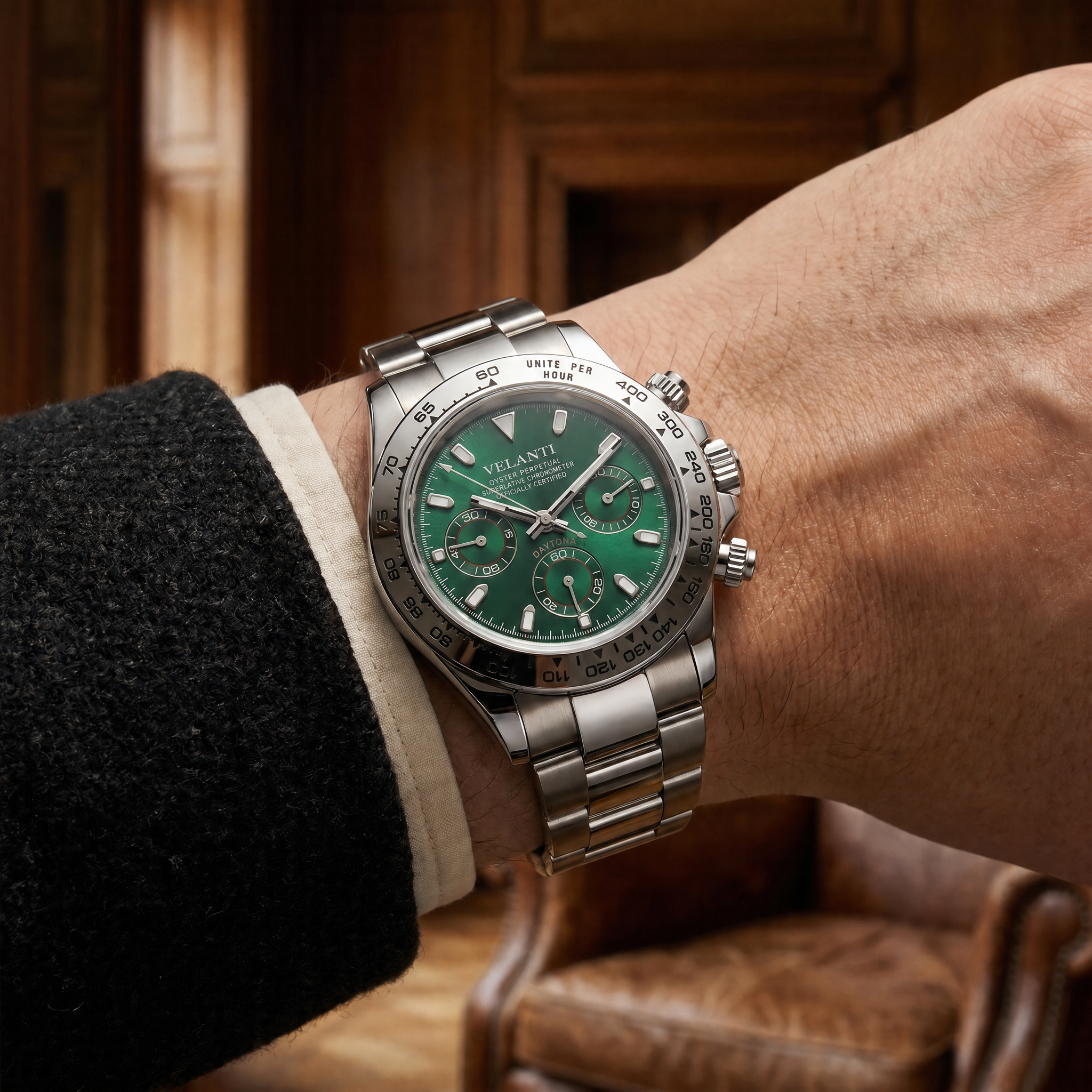 Daytona-style chronograph watch, Velanti Milano Veltona Silver Green, product photo 9