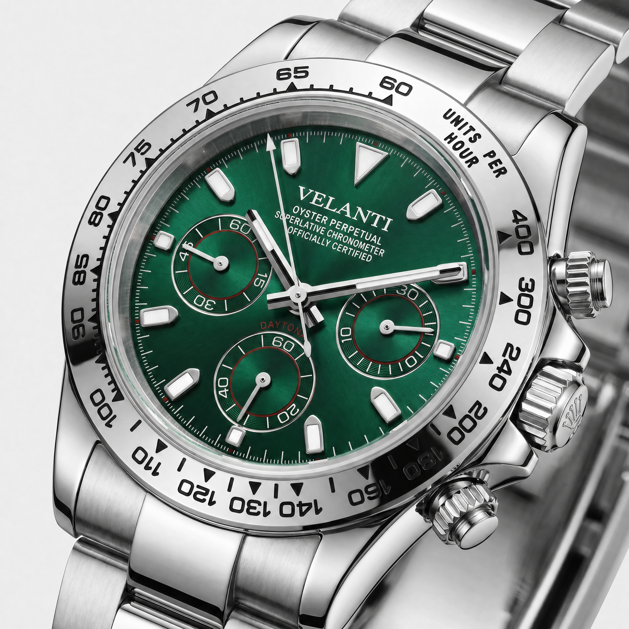 Daytona-style chronograph watch, Velanti Milano Veltona Silver Green, watch detail photo 10