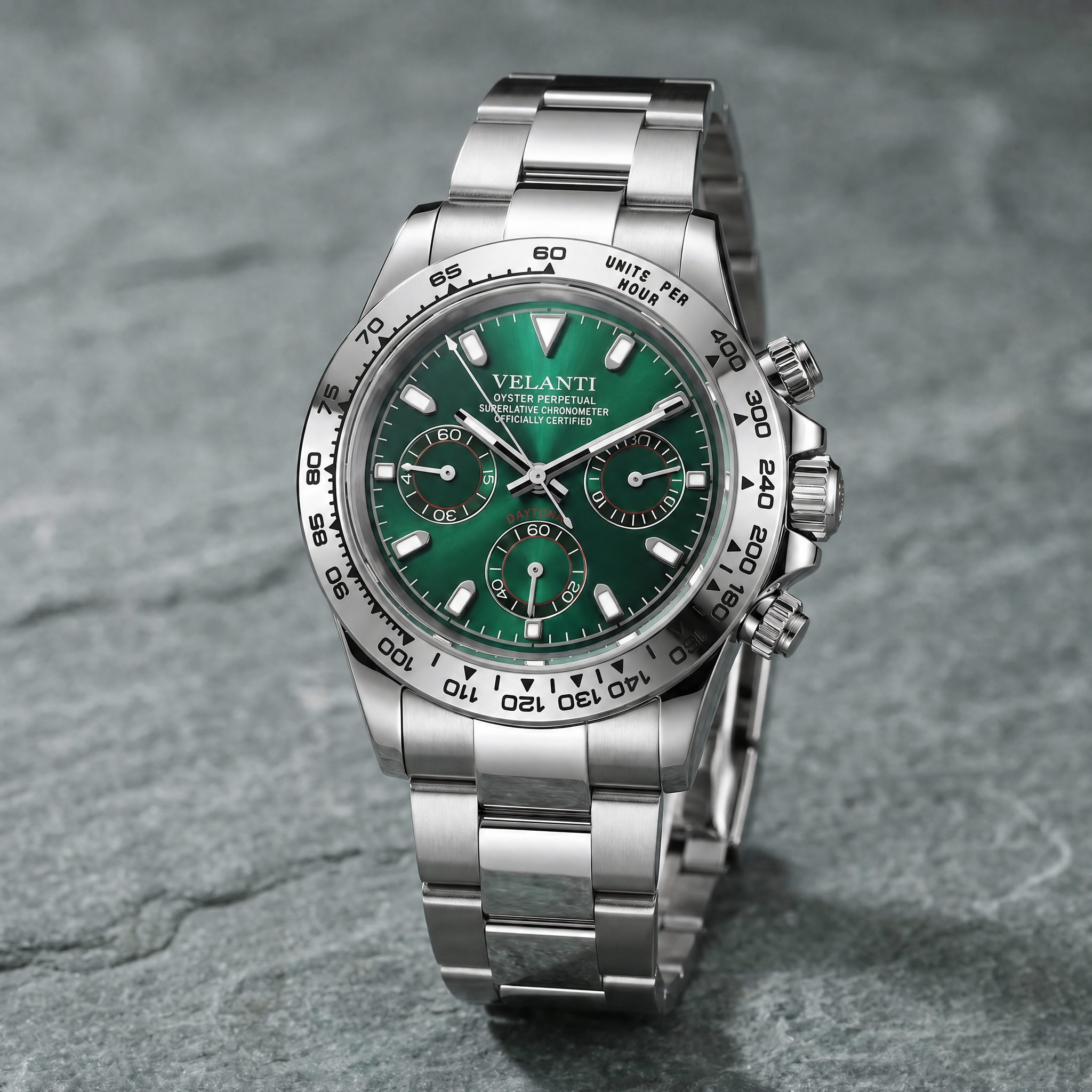 Daytona-style chronograph watch, Velanti Milano Veltona Silver Green, watch detail photo 11