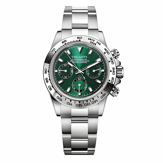 Daytona-style custom chronograph watch, Velanti Milano Veltona Silver Green, main product photo
