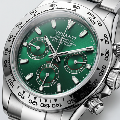 Daytona-style custom chronograph watch, Velanti Milano Veltona Silver Green, product photo 3